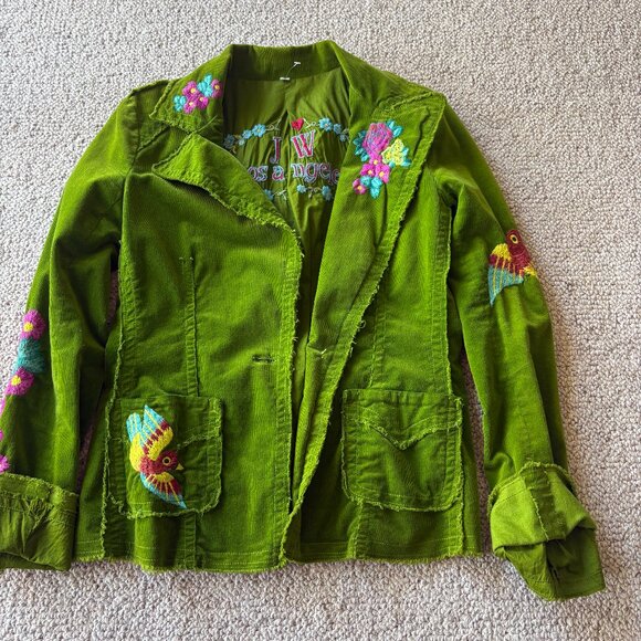 Johnny Was M Boho Olive Green Corduroy Blazer Jacket Bird Floral Embroidered - Picture 1 of 14